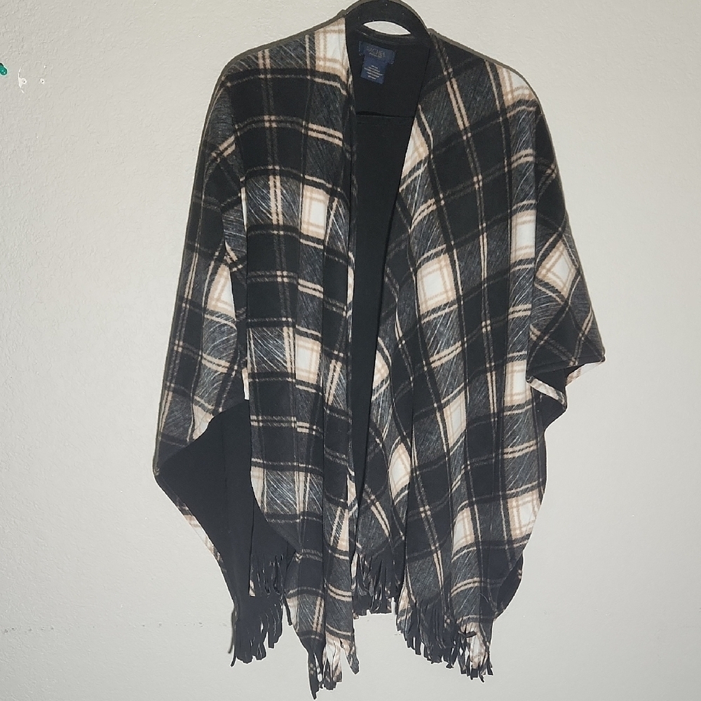 Rachel Roy Poncho Cape Plaid Fringe Open Poncho One Size